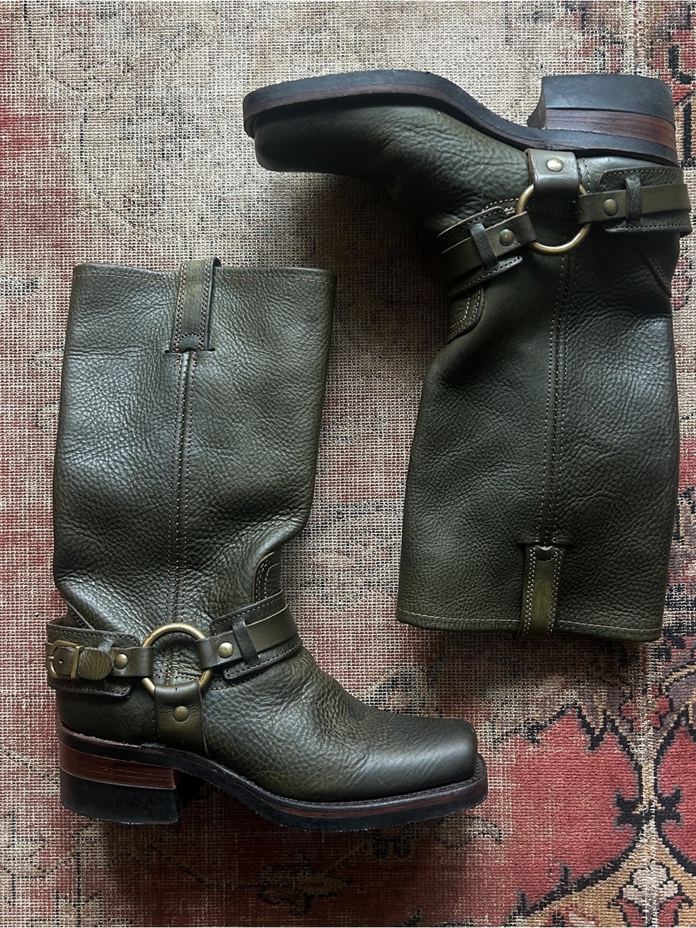 Vintage Y2K Green Leather Frye Harness Boots